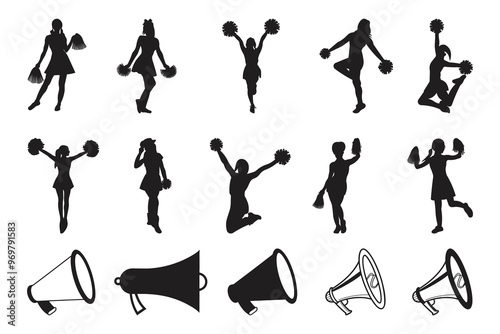Cheerleader silhouette, Cheer Pom Pom Svg, Cheer Girls Silhouette Bundle, Cheerleader silhouettes, Cheerleader girl vector, cheer, pompom, vector, icon, football, silhouette, isolated, homecoming, ill