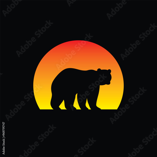 Silhouette of a bear against a striped retro sunset. Original vector illustration in vintage style isolated on light background. T-shirt design.