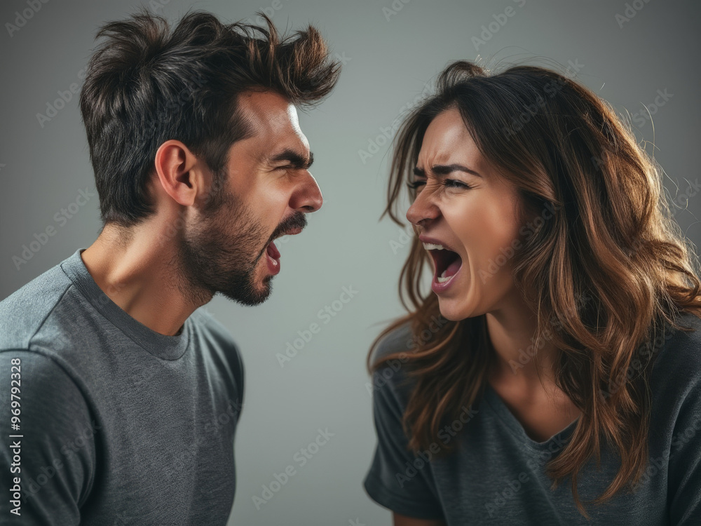 Young couple angrily yelling at each other in close-up face-off, representing intense conflict, frustration, and communication breakdown in a personal relationship Young couple angrily yelling at each other in close-up face-off, representing intense conflict, frustration, and communication breakdown in a personal relationship