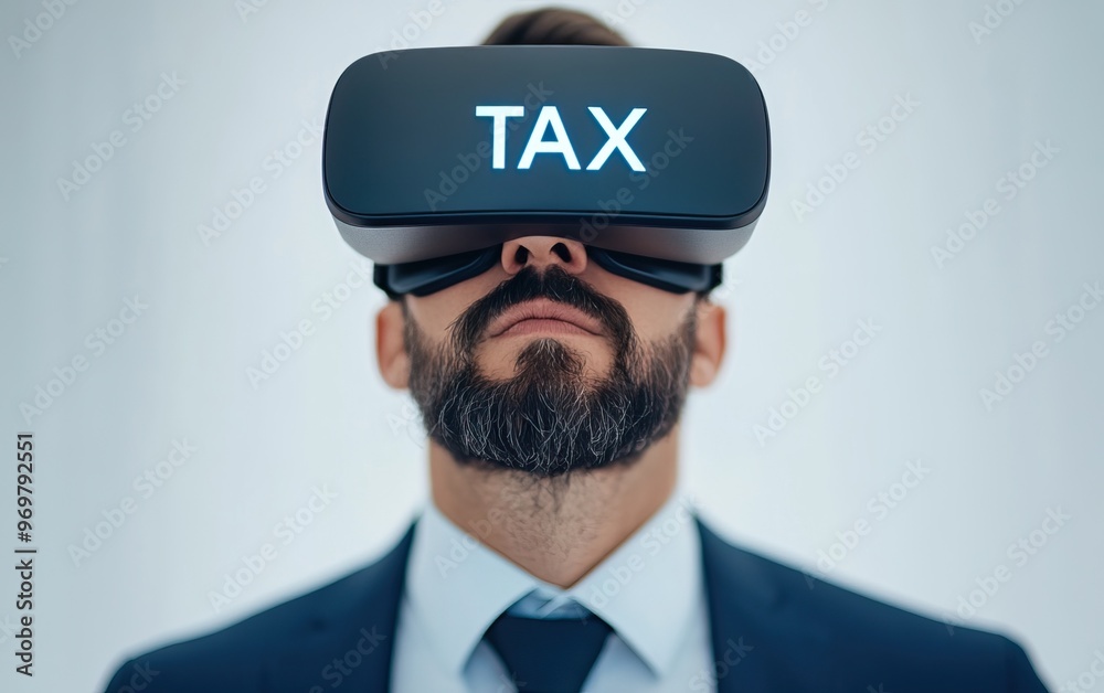 A business professional wearing a VR headset with the word 'TAX' displayed, showcasing modern technology and finance innovation. A business professional wearing a VR headset with the word 'TAX' displayed, showcasing modern technology and finance innovation.