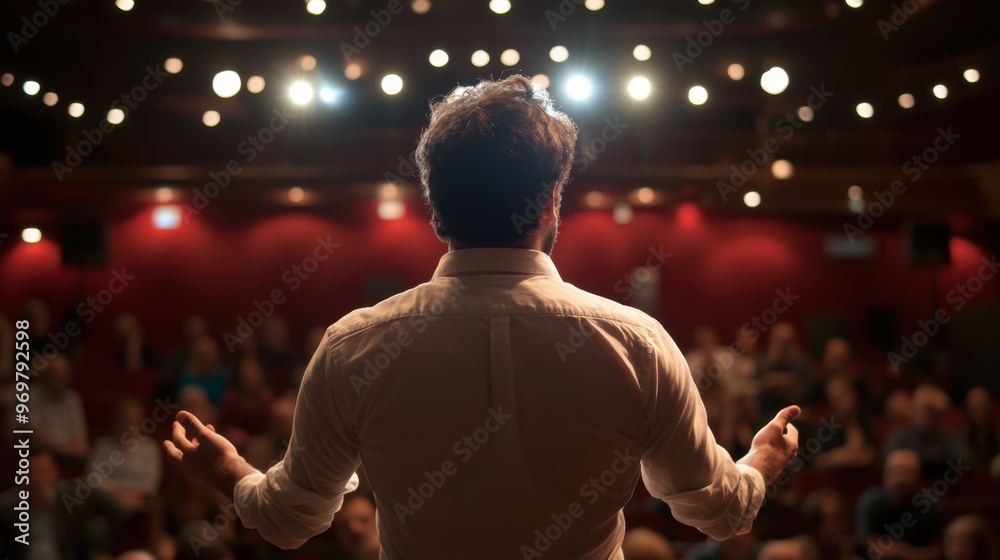 Obraz premium Nervous speaker fidgeting with hands, intense gestures, captivating speech, audience in focus, spotlight emphasizing speaker's emotion