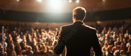 Intense hand fidgeting and body language from speaker, powerful public speech, spotlight on speaker, audience fully engaged