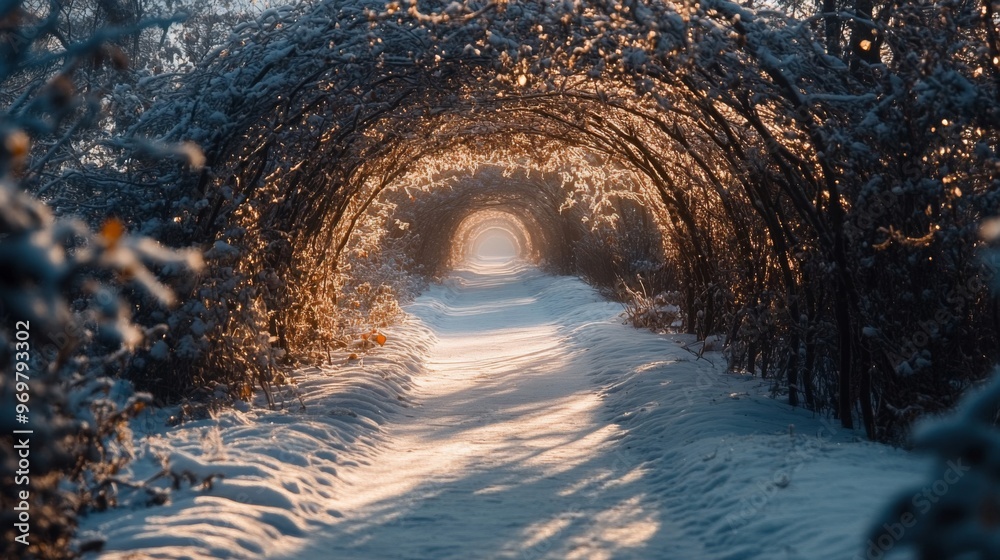 Obraz premium Snowy Path Leading Through a Sunlit Forest Tunnel