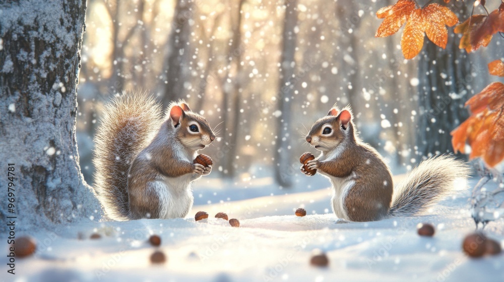 Two Squirrels Sharing Nuts in a Snowy Forest Two Squirrels Sharing Nuts in a Snowy Forest