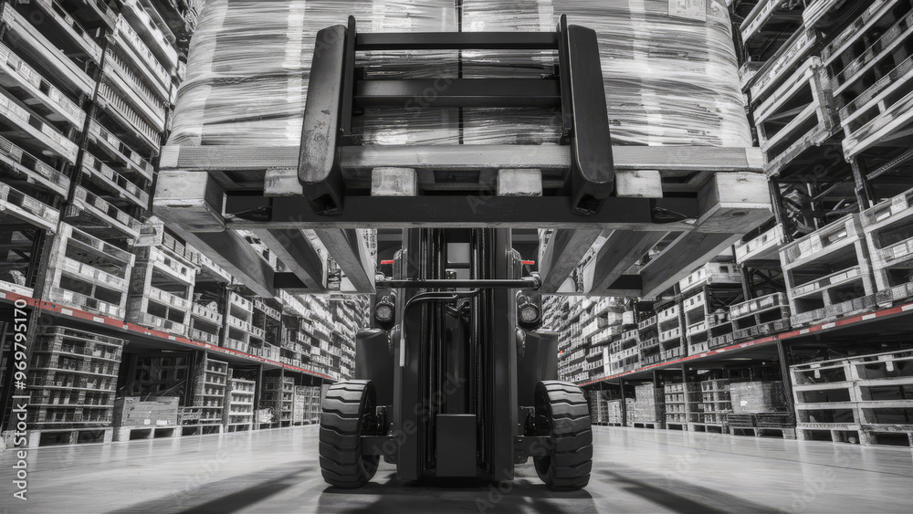 Fototapeta premium Close-up of a forklift lifting a pallet in an industrial warehouse, surrounded by high shelving units filled with goods, emphasizing logistics, storage, and material handling.