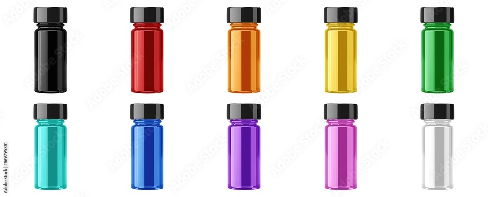 Set of small glass vials with black glossy caps. Front view, ideal for liquid samples or essential oils. Isolated on white background. Generative ai
Set of small glass vials with black glossy caps. Front view, ideal for liquid samples or essential oils. Isolated on white background. Generative ai