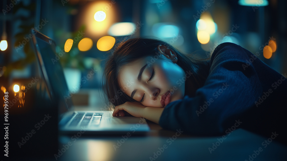Photo of a tired business woman sleeping on her desk with a laptop, in a night office background, Photo of a tired business woman sleeping on her desk with a laptop, in a night office background,