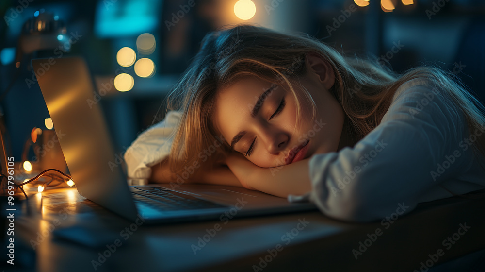 Young businesswoman sleeping on her desk with a laptop at night in the office, Young businesswoman sleeping on her desk with a laptop at night in the office,