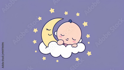 Little cartoon baby sleeping on a cloud, flat design illustration