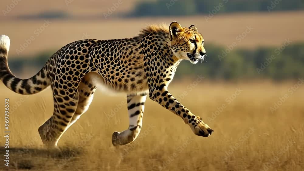 A cheetah gracefully runs through the grassland, showcasing its speed and agility against a vibrant outdoor backdrop