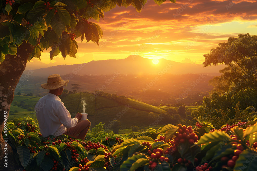 Fototapeta premium Farmer enjoying coffee at sunrise overlooking a lush coffee plantation