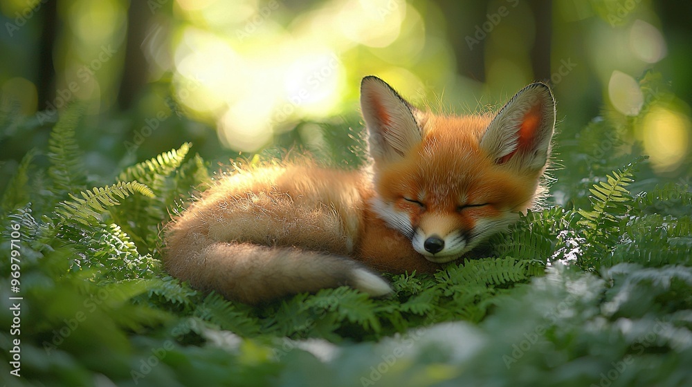 Fototapeta premium A close-up of a small fox lying in a field of grass with its eyes closed