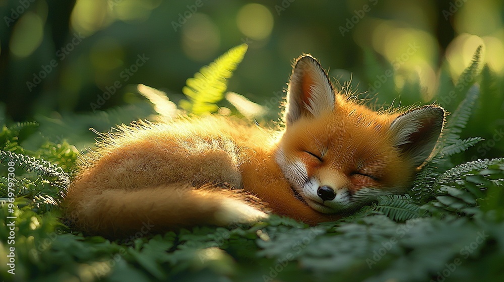 Fototapeta premium A baby fox rests in the grass, back curled and eyes shut