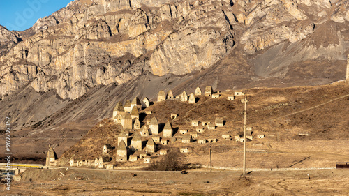 Mountain landscape overlooking the Dargavsky crypt burial ground in Alanya, its second name is the city of the dead photo