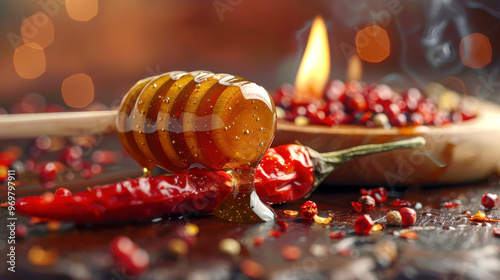 Closeup of honey being drizzled onto red chili pepper against blurred background with bokeh lights. food scene features vibrant colors and warm ambiance. Swicy sweet and spicy trend photo