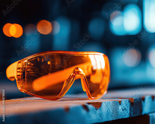 Stylish orange safety glasses resting on a surface, reflecting light with a modern design. Perfect for protection and fashion. photo