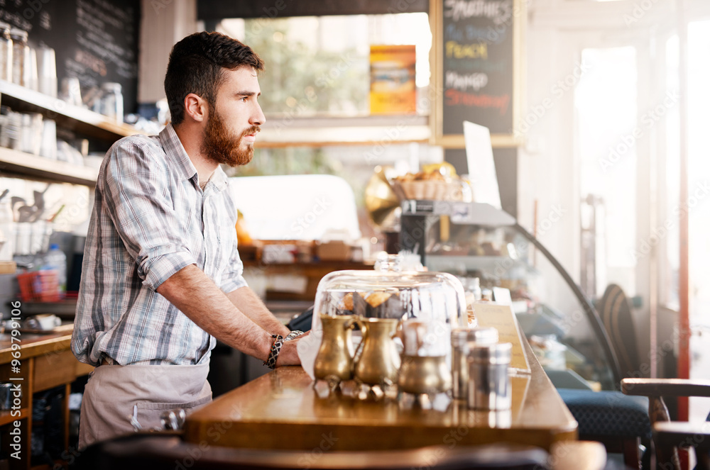 Thinking, barista or man by counter in cafe, customer service and cashier working in coffee shop. Bistro startup, small business and male owner with thoughts for store management, serving and manager Thinking, barista or man by counter in cafe, customer service and cashier working in coffee shop. Bistro startup, small business and male owner with thoughts for store management, serving and manager