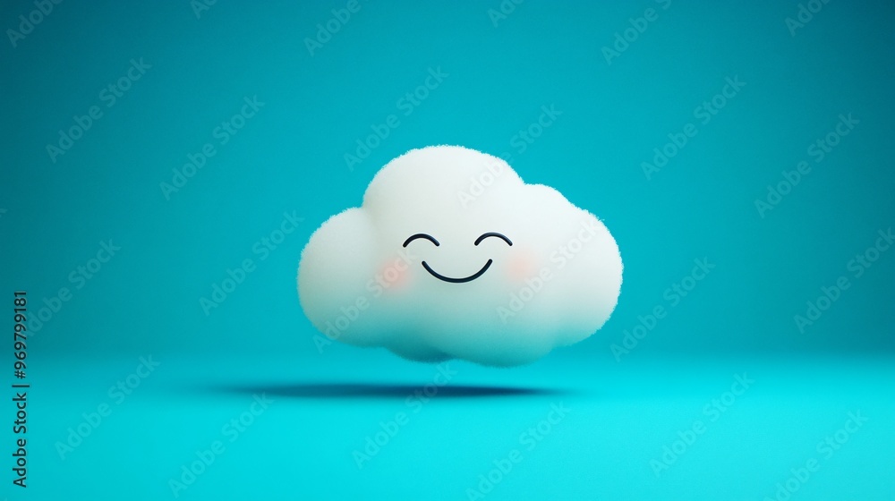 A simple smiling cloud in white, floating on a bright turquoise background with clean lines and soft, joyful energy A simple smiling cloud in white, floating on a bright turquoise background with clean lines and soft, joyful energy