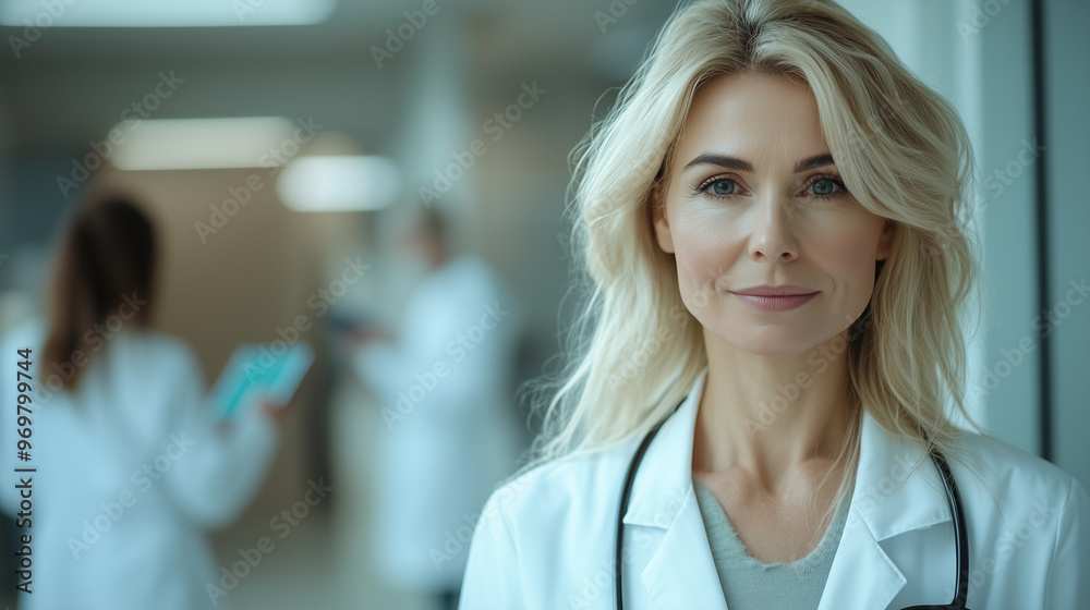 Portrait of a beautiful blonde woman doctor in a white coat, holding a tablet and looking at the camera against a blurred background. Close-up portrait of a mature female model Portrait of a beautiful blonde woman doctor in a white coat, holding a tablet and looking at the camera against a blurred background. Close-up portrait of a mature female model