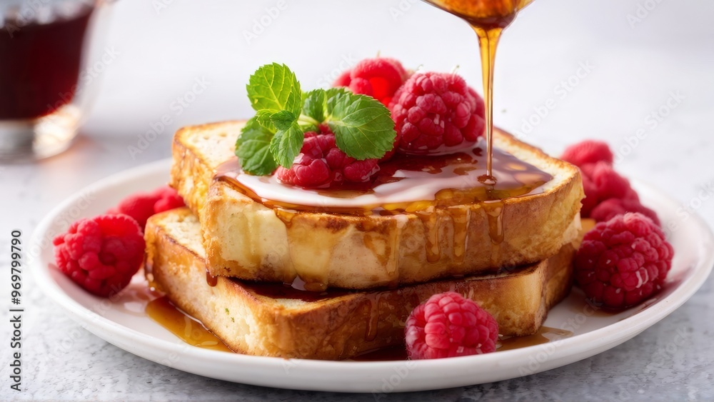 A dish with French toast sprinkled with raspberries, sprinkled with syrup and decorated with a mint leaf. A dish with French toast sprinkled with raspberries, sprinkled with syrup and decorated with a mint leaf.