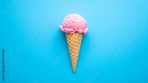 A single colorful ice cream cone on a vivid blue background, symbolizing summer fun and minimalism with clean lines and bright colors