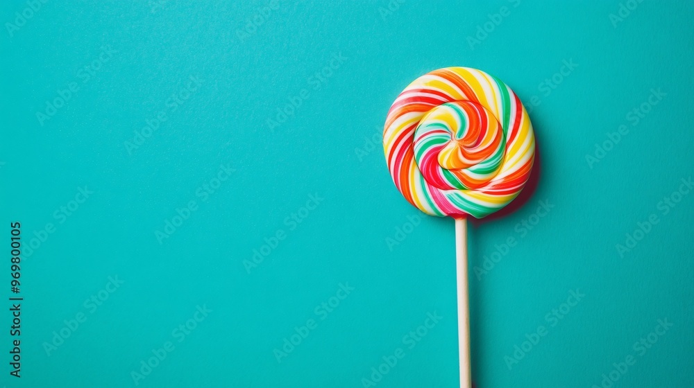 A single colorful lollipop on a bright teal background, symbolizing childhood joy and minimalism with bold, clean colors A single colorful lollipop on a bright teal background, symbolizing childhood joy and minimalism with bold, clean colors