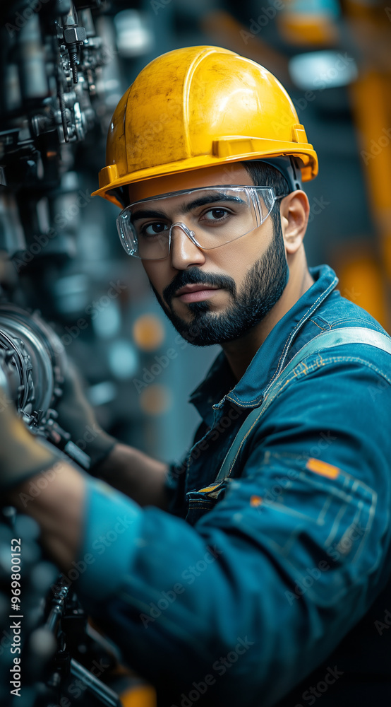 A handsome Middle Eastern man in a yellow helmet and safety glasses is working on the engine of heavy machinery at his workstation. He has black hair and a beard, wearing blue over A handsome Middle Eastern man in a yellow helmet and safety glasses is working on the engine of heavy machinery at his workstation. He has black hair and a beard, wearing blue over