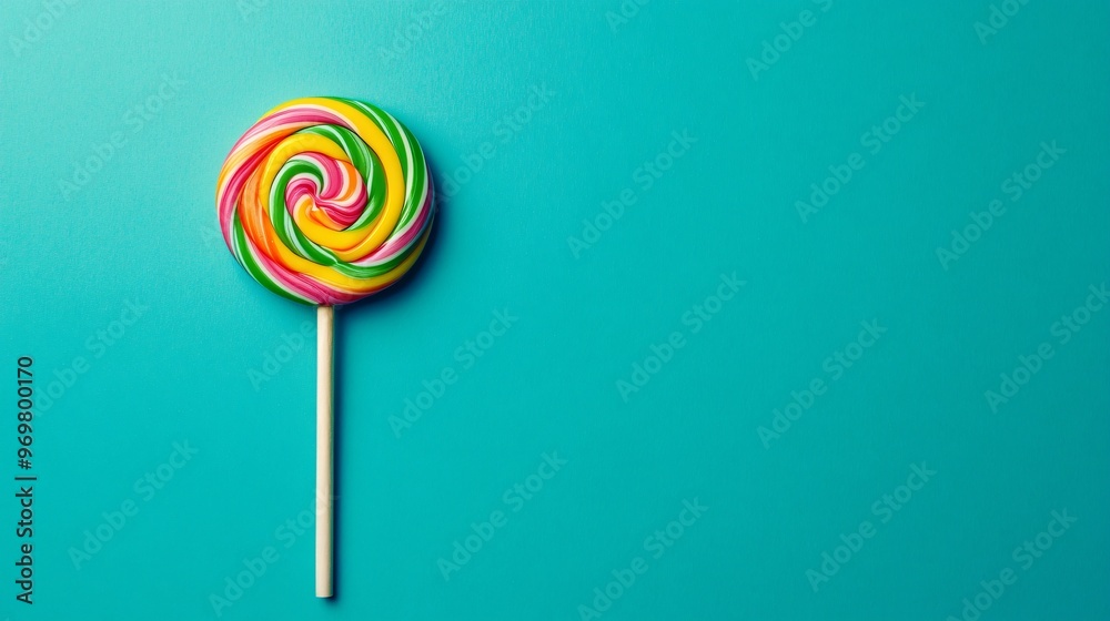 A single colorful lollipop on a bright teal background, symbolizing childhood joy and minimalism with bold, clean colors A single colorful lollipop on a bright teal background, symbolizing childhood joy and minimalism with bold, clean colors