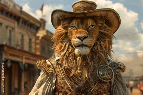 A majestic lion dressed as a cowboy, standing confidently in a wild west town backdrop, showcasing bold personality and style.