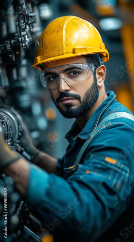 A handsome Middle Eastern man in a yellow helmet and safety glasses is working on the engine of heavy machinery at his workstation. He has black hair and a beard, wearing blue over