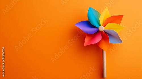 A single colorful pinwheel spinning against a bright orange background, symbolizing childhood cheer and minimalism