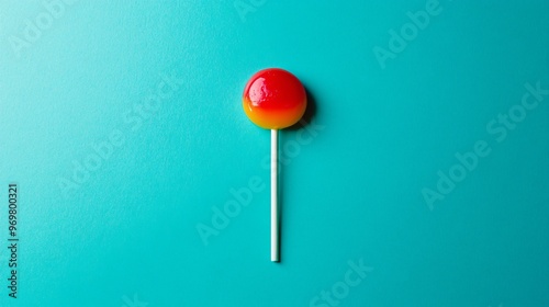 A single colorful lollipop on a bright teal background, symbolizing childhood joy and minimalism with bold, clean colors