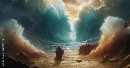 Moses parting the Red Sea with towering walls of water on either side. Bible Old Testament.