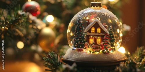 Festive miniature Christmas village scene with a snow-covered house, tiny trees, and glowing lights. A cozy and magical holiday setting, surrounded by bokeh lights