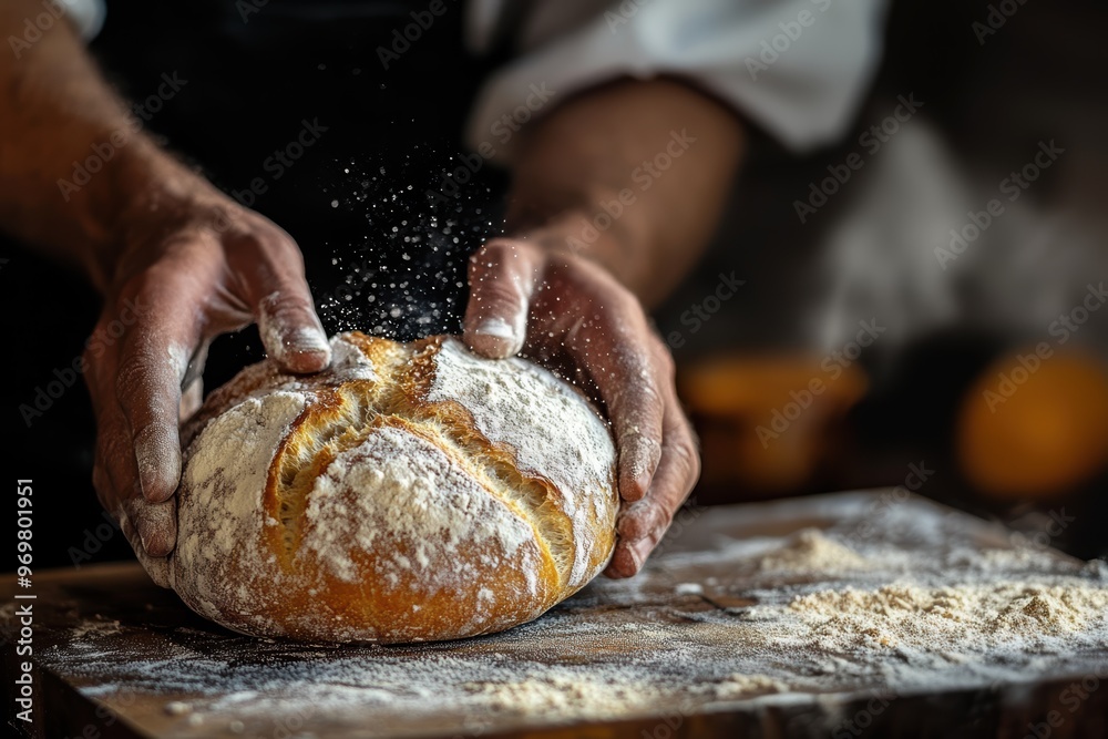 Fresh baked artisan bread, crust and flour hands Fresh baked artisan bread, crust and flour hands
