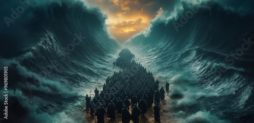 Moses parting the Red Sea with towering walls of water on either side. Bible Old Testament.