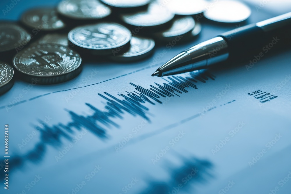 pen writing on a financial chart with coins and graphs in the background, representing stock market data or investment Generative AI pen writing on a financial chart with coins and graphs in the background, representing stock market data or investment Generative AI