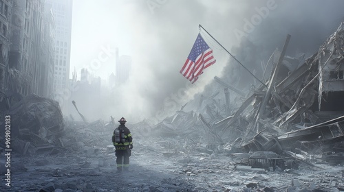 Firefighter standing in the rubble of a destroyed building with an American flag flying in the background.