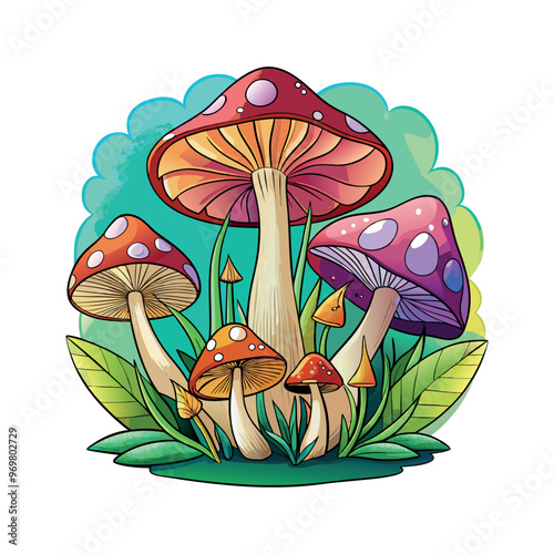 a colorful drawing of a mushroom with flowers Clipart isolated vector illustration
