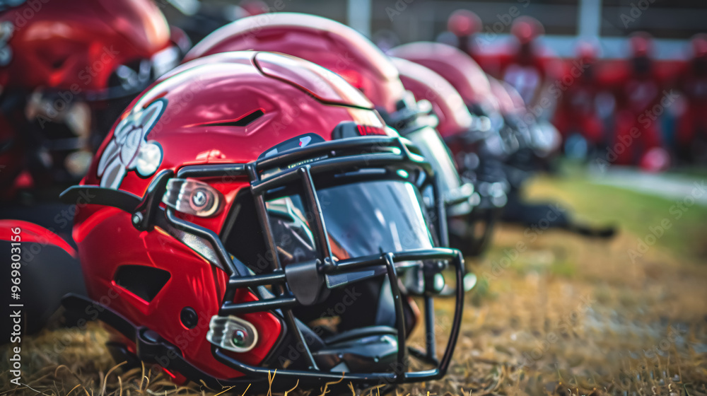 American football helmet on the bench and team in the background American football helmet on the bench and team in the background