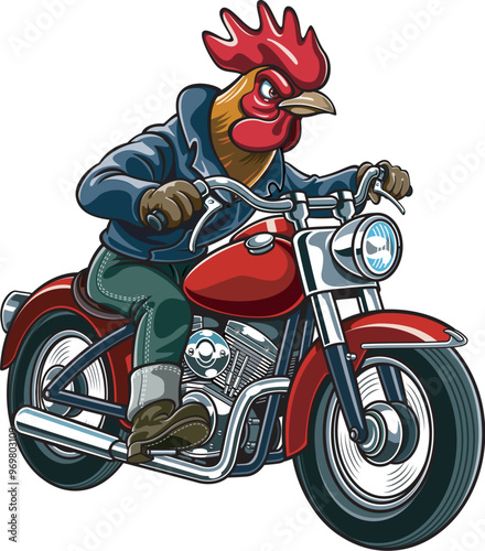 cartoon style rooster  driving on a vintage motorcycle
