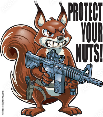 Cartoon style squirrel holding assault rifle in it's paws 