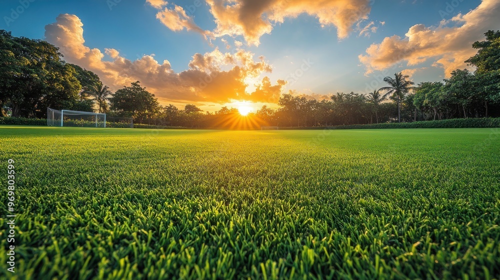 Green Grass Field at Sunset with a Soccer Goal in the Background Green Grass Field at Sunset with a Soccer Goal in the Background