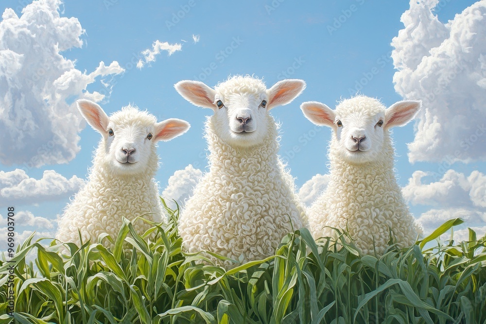 Three cute sheep stand in lush green grass under a bright blue sky with fluffy clouds, showcasing a serene rural scene. Three cute sheep stand in lush green grass under a bright blue sky with fluffy clouds, showcasing a serene rural scene.