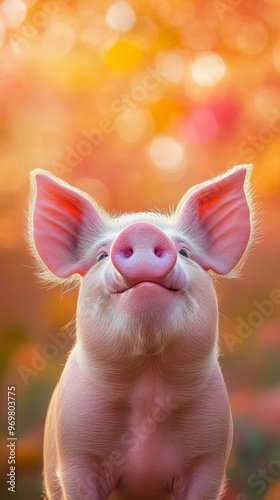 Happy piglet with pink ears in front of bokeh background, cheerful farm animal concept