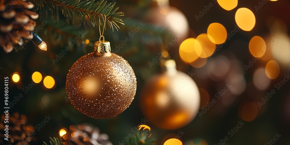 Close-up of a sparkling golden ornament hanging on a snow-dusted Christmas tree, illuminated by soft festive lights in the background. Warm and cozy holiday ambiance Close-up of a sparkling golden ornament hanging on a snow-dusted Christmas tree, illuminated by soft festive lights in the background. Warm and cozy holiday ambiance