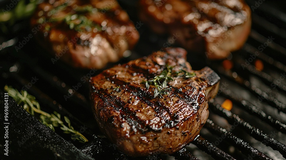 Close-up image of juicy steak on grill with aromatic herbs, while three savory burger patties sizzle nearby Close-up image of juicy steak on grill with aromatic herbs, while three savory burger patties sizzle nearby