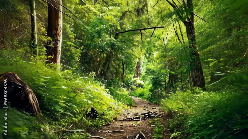 A serene forest pathway illuminated by sunlight, embodying tranquility and inviting exploration into nature's beauty A serene forest pathway illuminated by sunlight, embodying tranquility and inviting exploration into nature's beauty