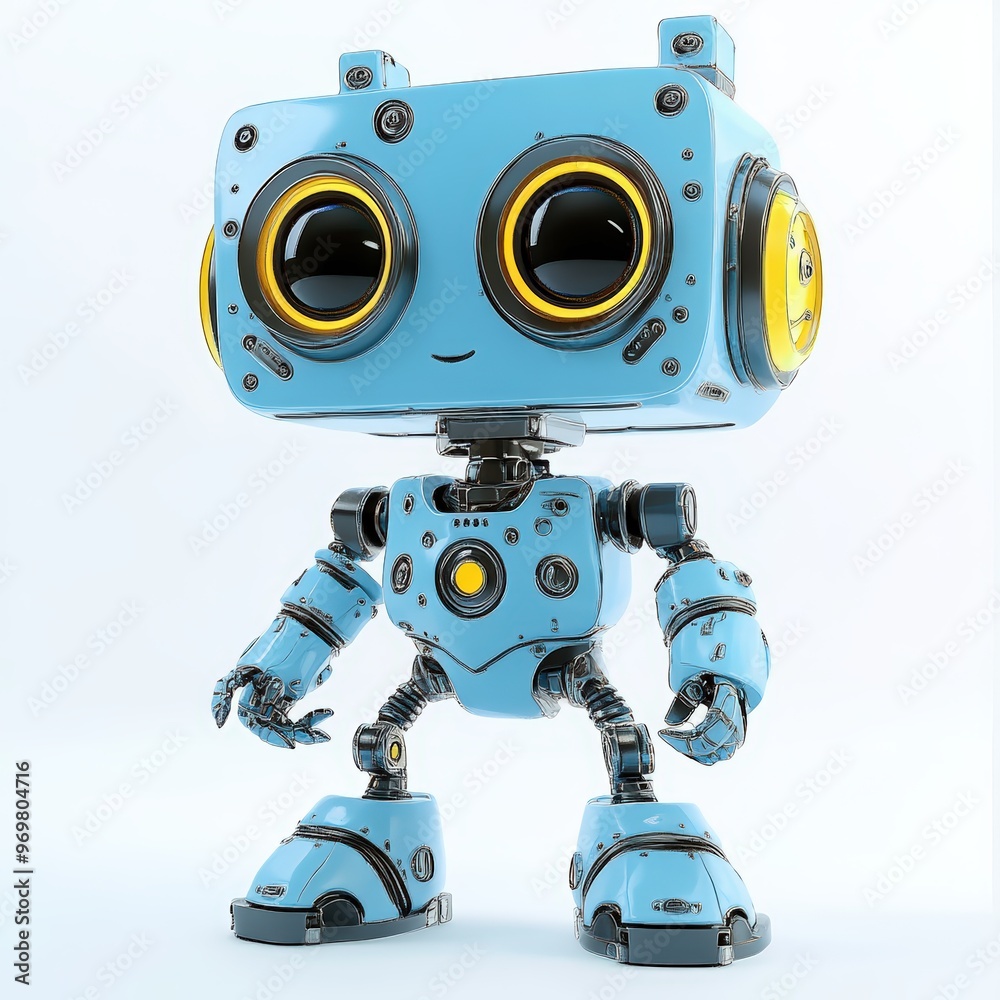 Colored cute and funny 3d robot modern style isolated on white background. Cartoon style character.

