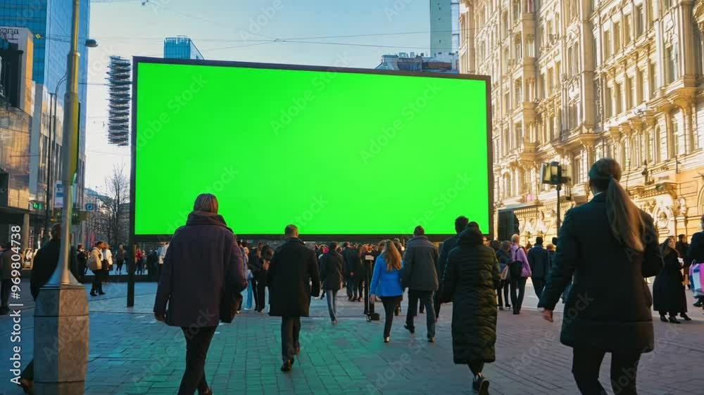 People stroll by a massive green screen in a bustling urban area, enjoying the lively atmosphere of a sunny day